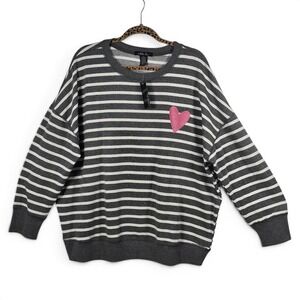 Sable Sky Womens 2X Striped Heart Sweatshirt Grey White Pink Pullover NWT‎